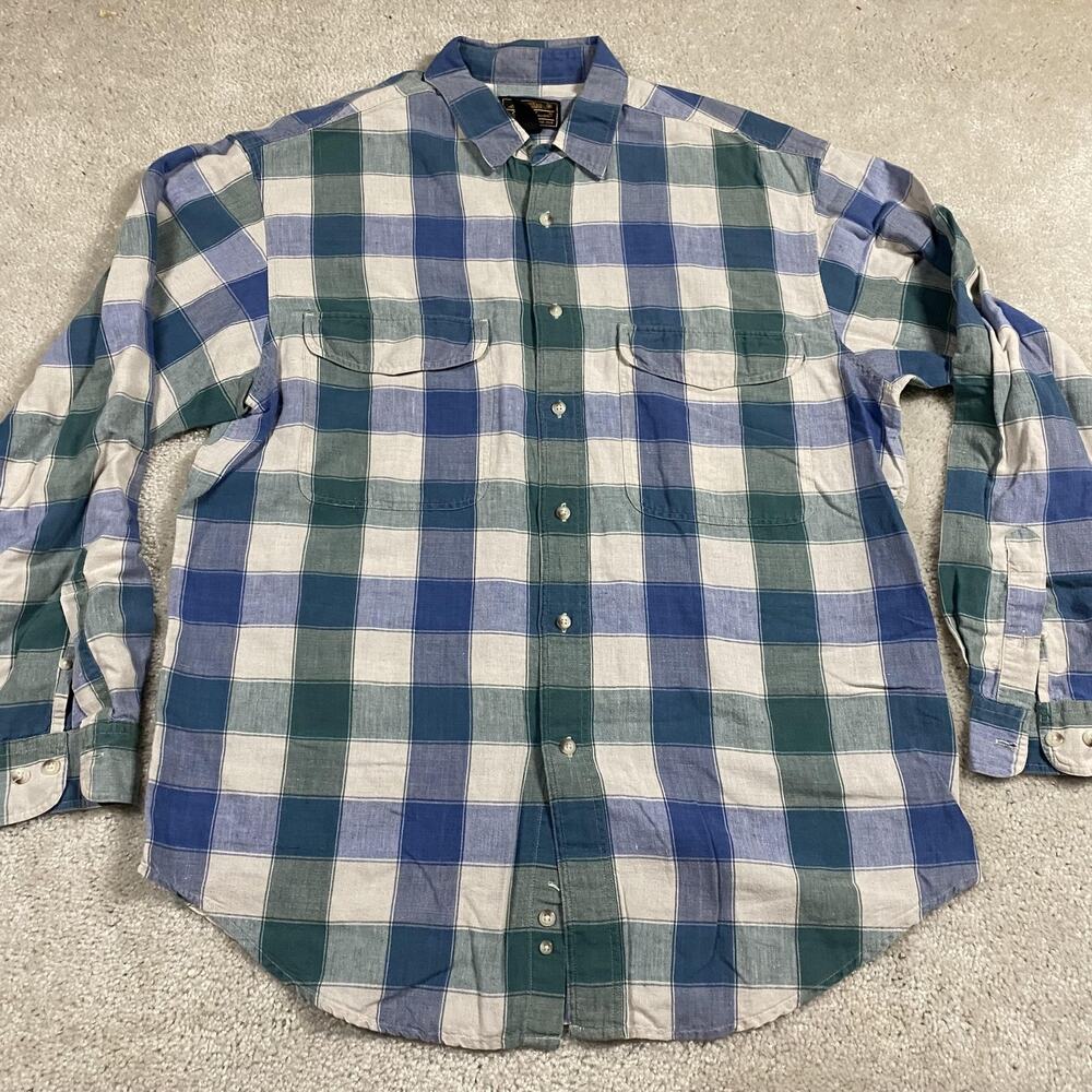 VTG Eddie Bauer Shirt Mens L Blue Green Plaid Linen Button Down 90s Summer - Picture 1 of 7